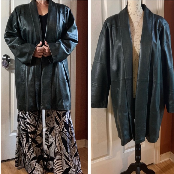 Vintage 90s Leather Duster Longline Open Front Swing Coat Deep Forest Green Med - Picture 1 of 13